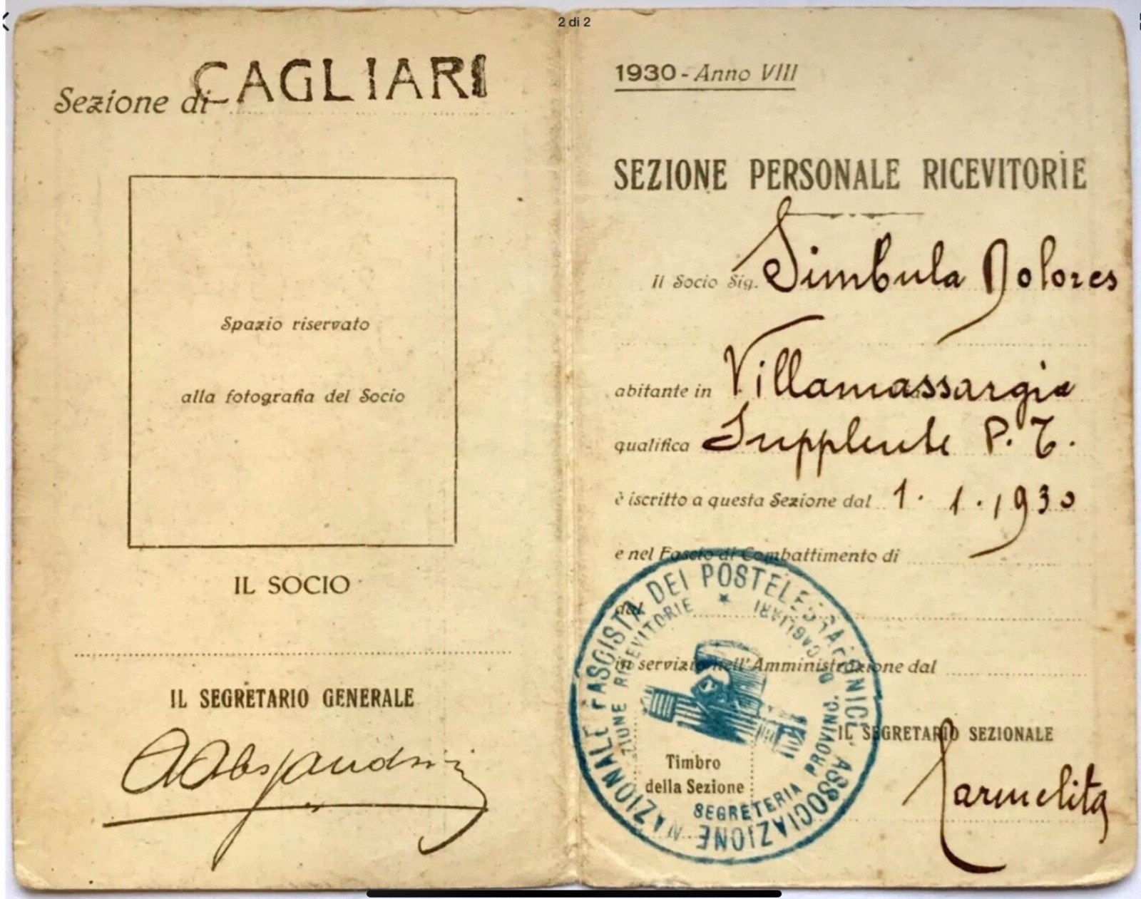 CAGLIARI REGNO D’ITALIA ASSOCIAZIONE NAZIONALE POSTELEGRAFONICI TESSERA A. VIII°