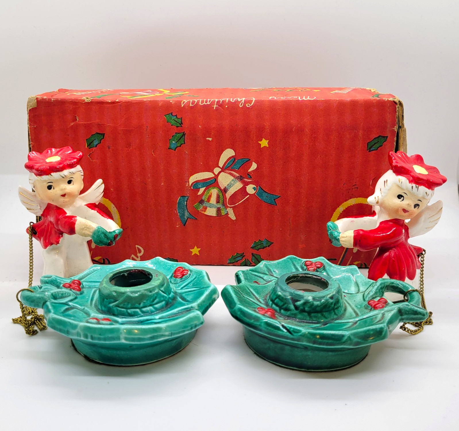 Vintage Commodore Poinsettia Angel Christmas Candle Huggers With Bases Box 