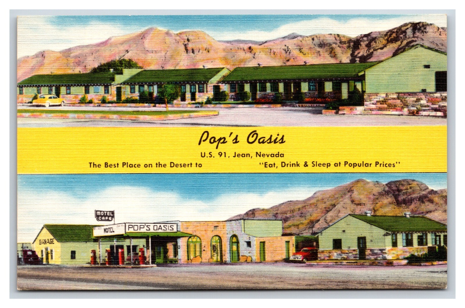 Dual View Pop\'s Oasis Motel Restaurant Jean Nevada NV UNP Linen Postcard V4