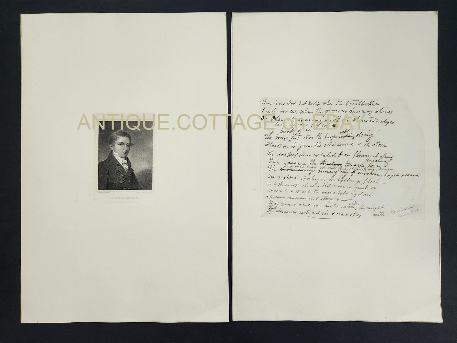 1800s antique John G. C. BRAINARD original HANDWRITTEN POEM and ENGRAVING 