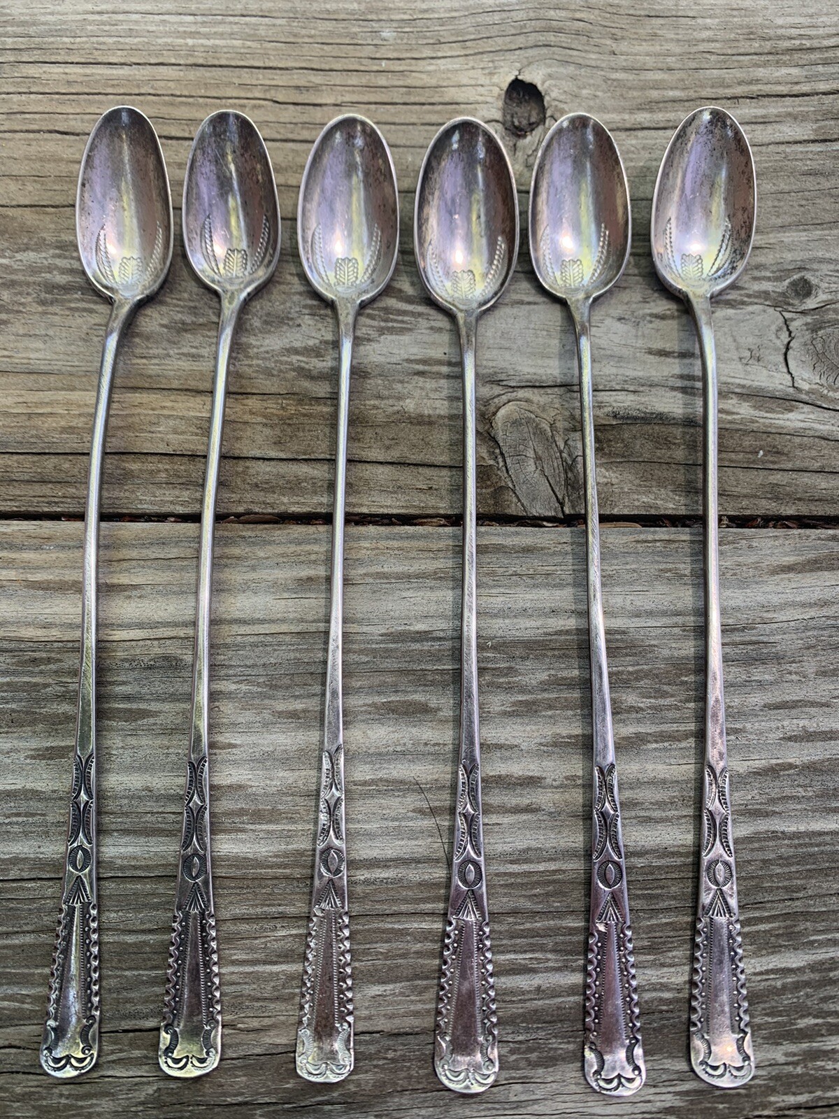 Rare Early Coin Silver Ingot Six Iced Tea Spoons Navajo Hopi Native American Vtg