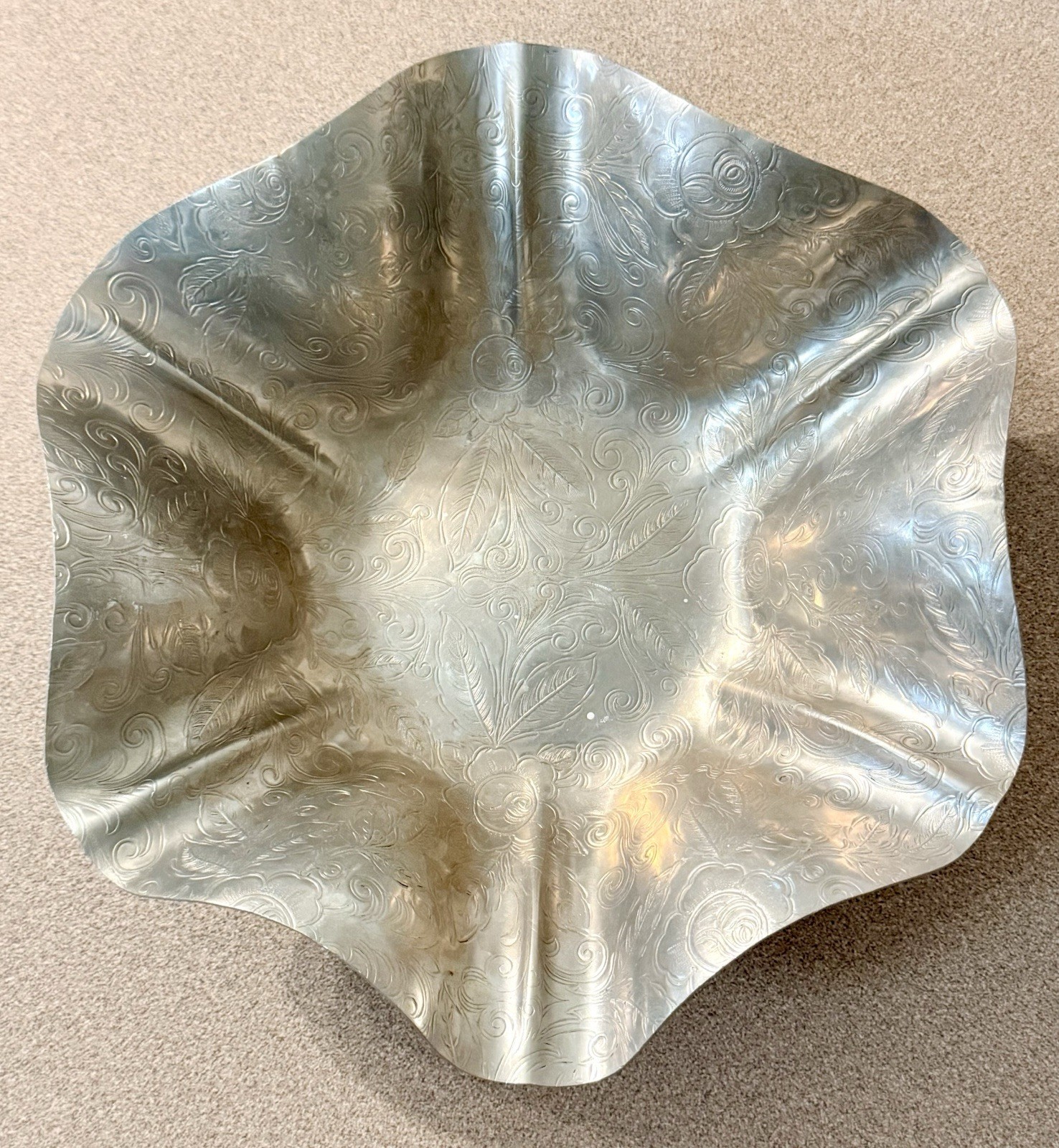 Embossed Aluminum Ruffled Bowl Rose Floral Mid Century 9