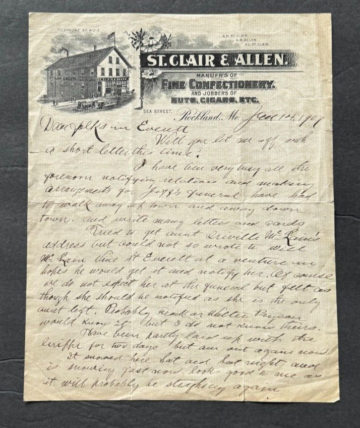 Vintage 1907 Letterhead Rockland Maine St Clair & Allen Confectionary vignette
