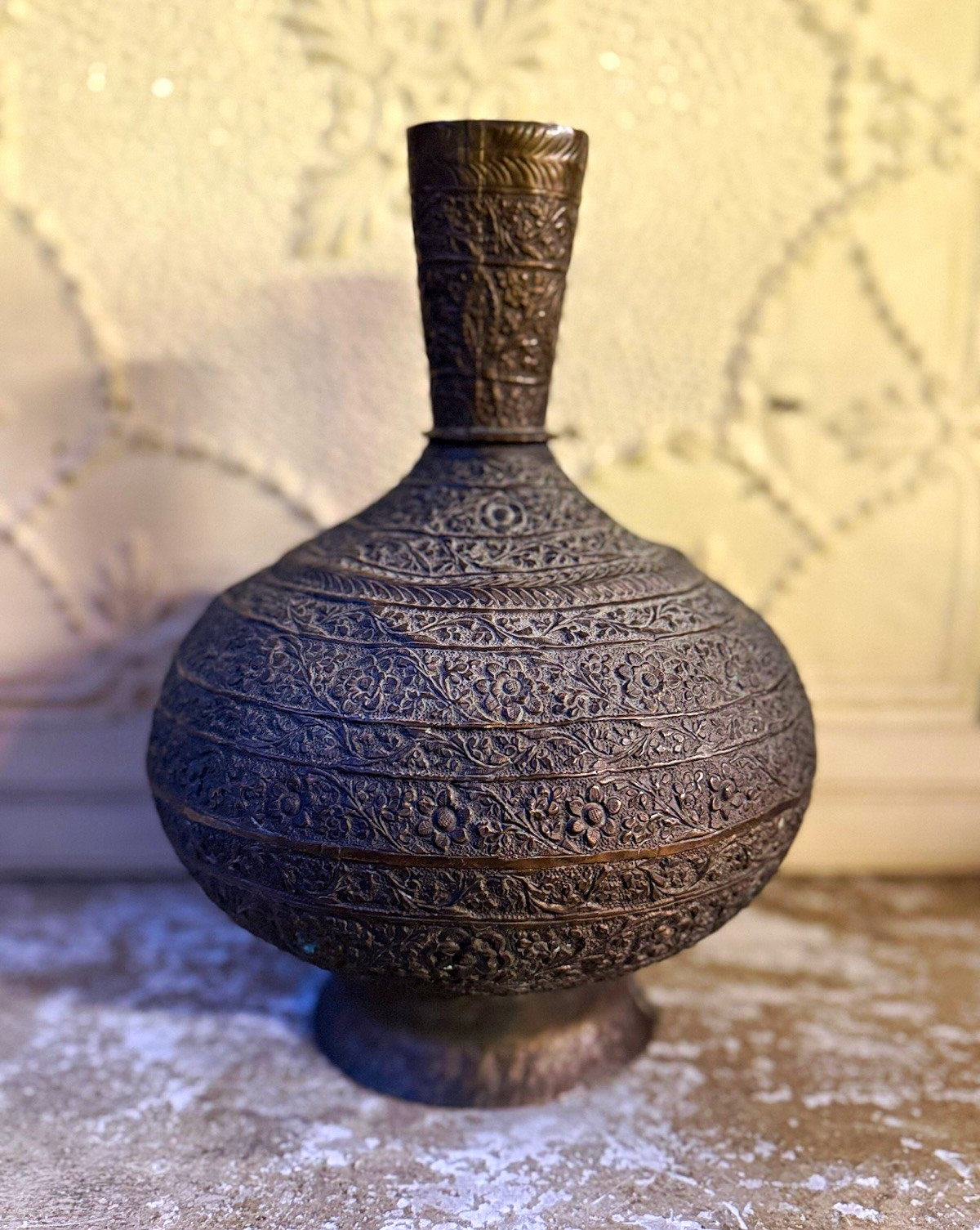 Vintage Hand Tooled Copper Vase Persian Style Repoussé Floral Engraved Vase 