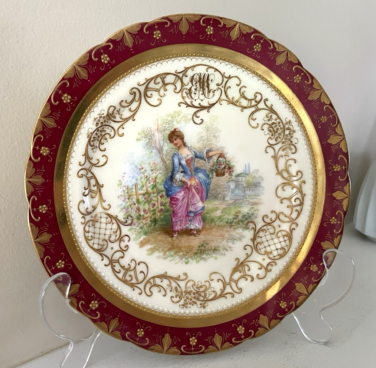 Rare Atq Ambrosius Lamm Dresden Plate Monogram Jeweled Gold Encrusted 7 3/4