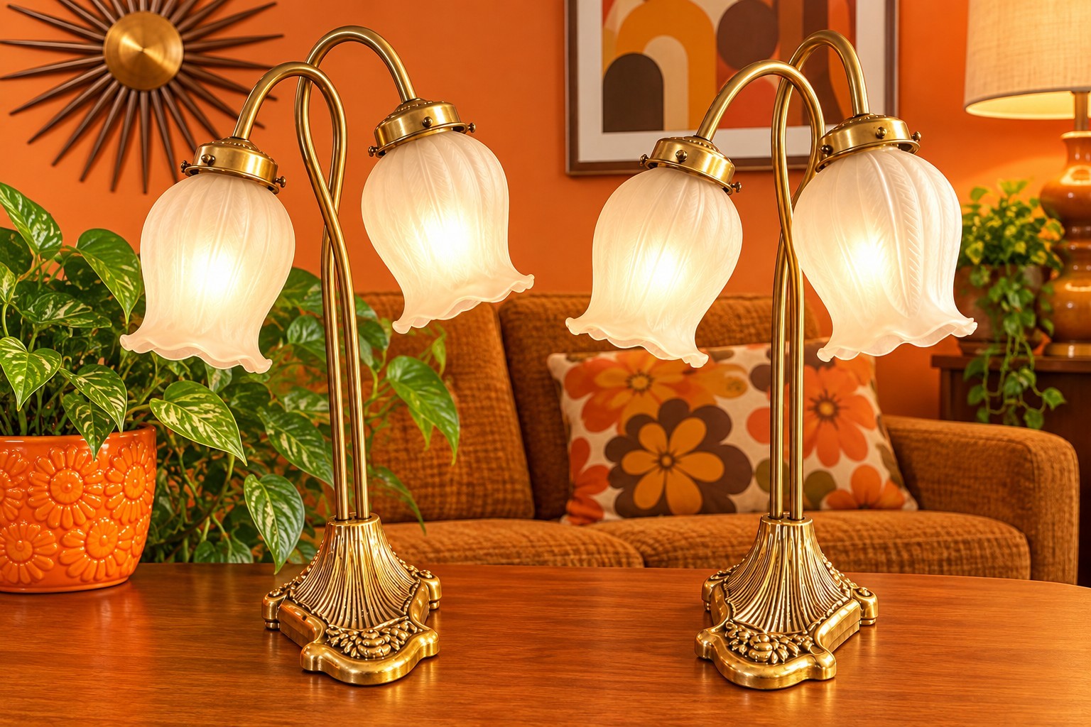 Vtg 70s Brass Tulip Lily Pad Table Lamps With Original Frosted Shades Works Pair