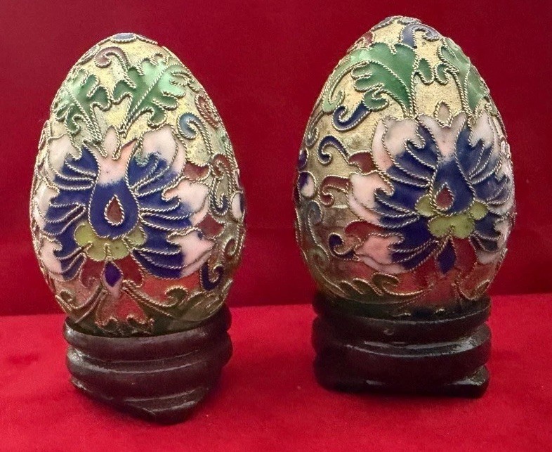 Pair Chinese Cloisonne Enamel Eggs Floral Wooden Stands Vintage