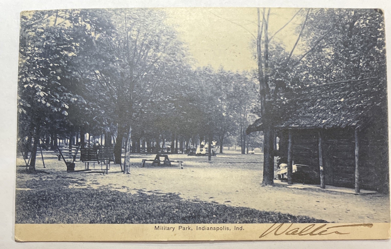 1909 Indianapolis, Indiana Military Park Black-And-White Log Cabin Postcard