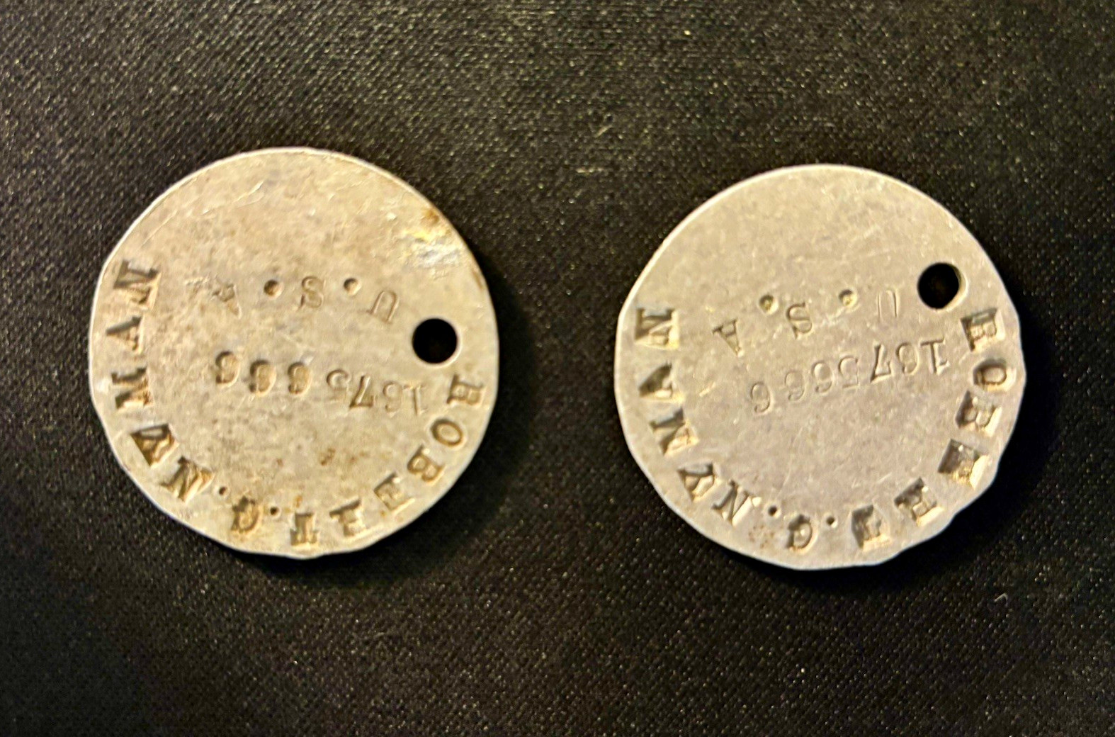 Authentic WWI U.S.A. Army ID Dog Tags Pair, Stamped Robert G. Newman 1675666