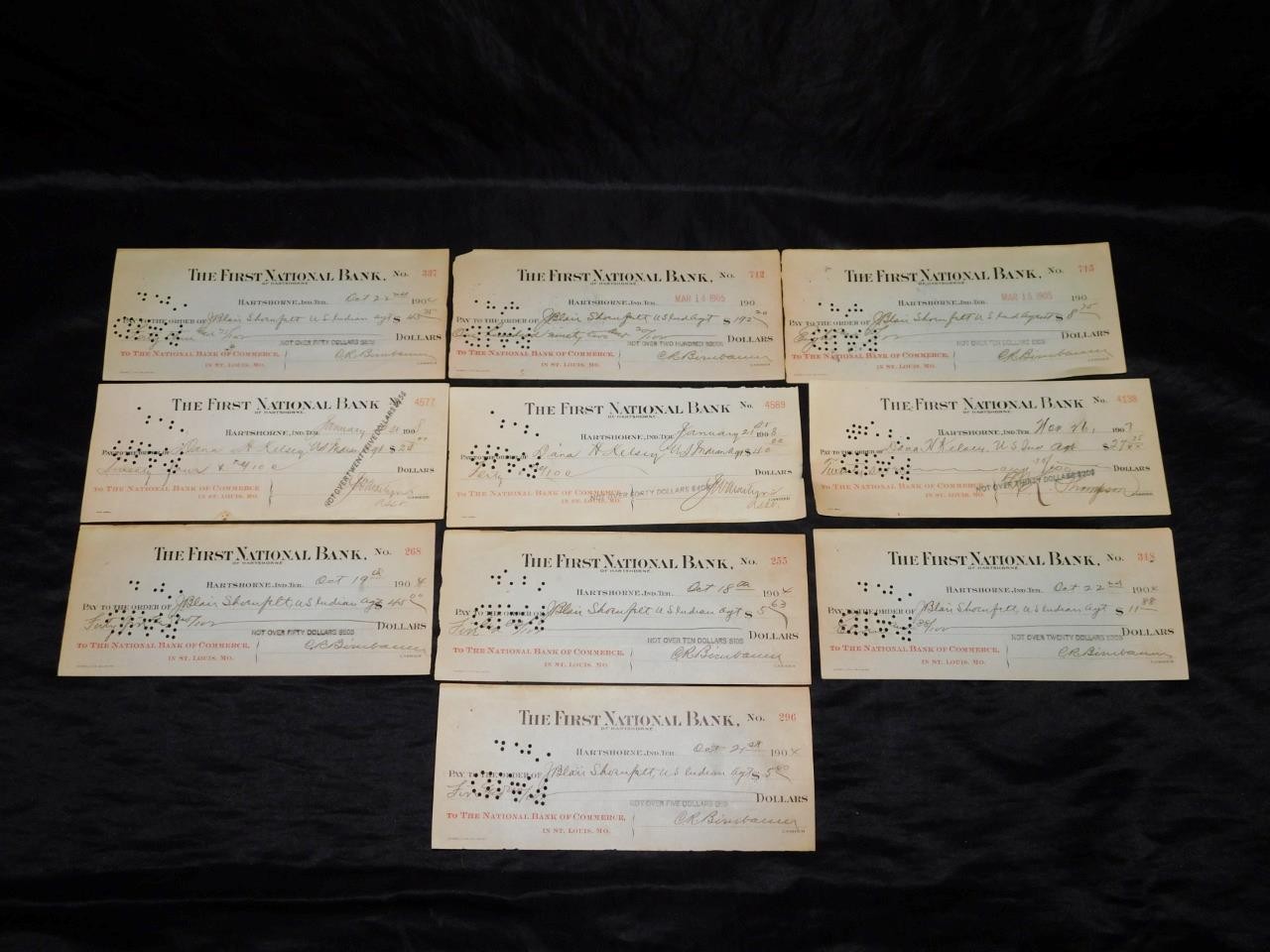 Lot 10 1905 First National Bank Hartshorne Indian Territory Checks OK Oklahoma