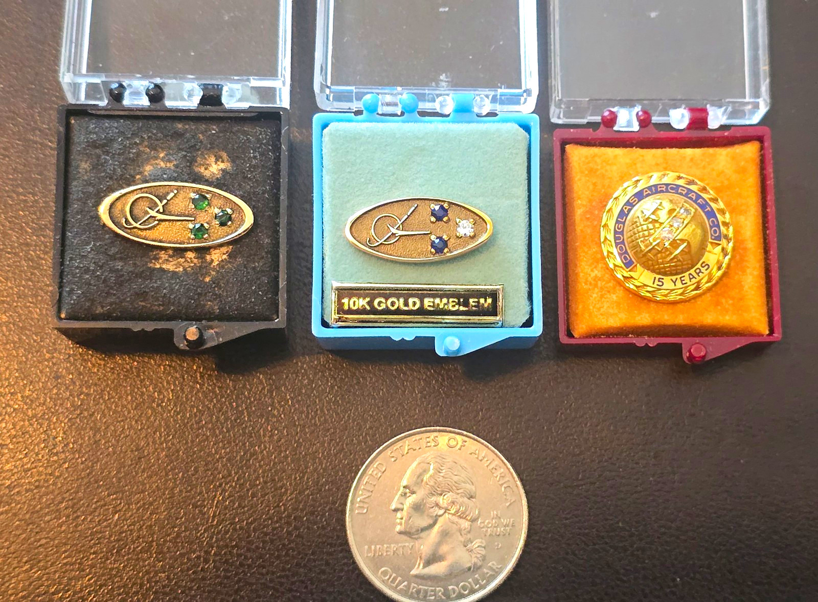 Douglas & McDonnell Douglas 3-pin service set; 10K gold, diamonds & cases.