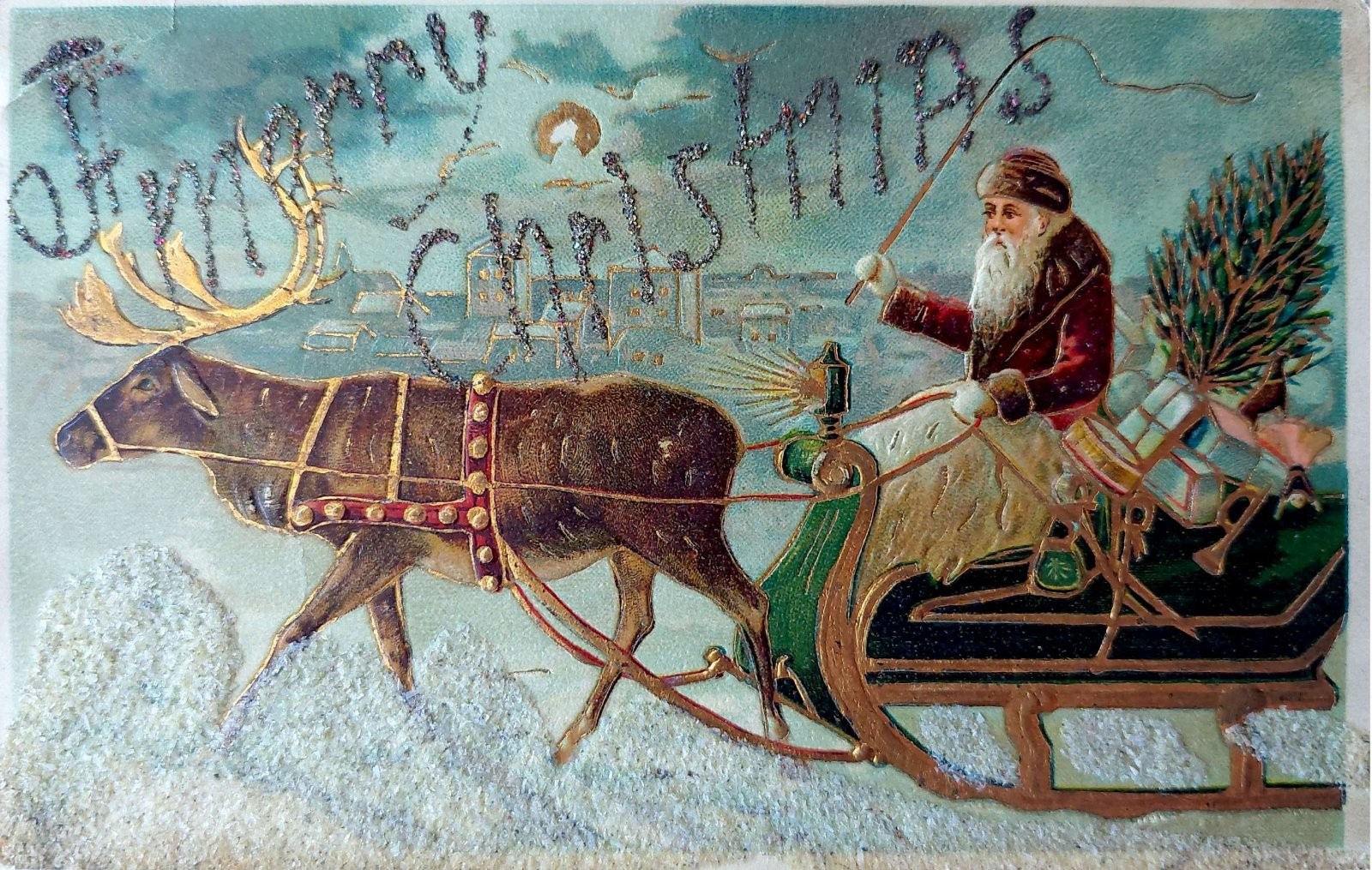 A Merry Christmas Santa Claus Brown Robe Reindeer Sleigh Glitter Postcard 1910s