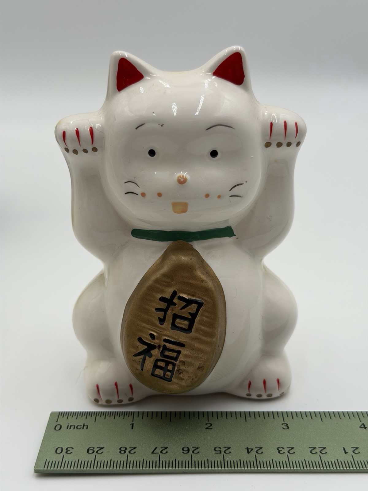 Japanese Maneki Neko Lucky Cat Ceramic Figurine Both Paws Raised Gold Coin