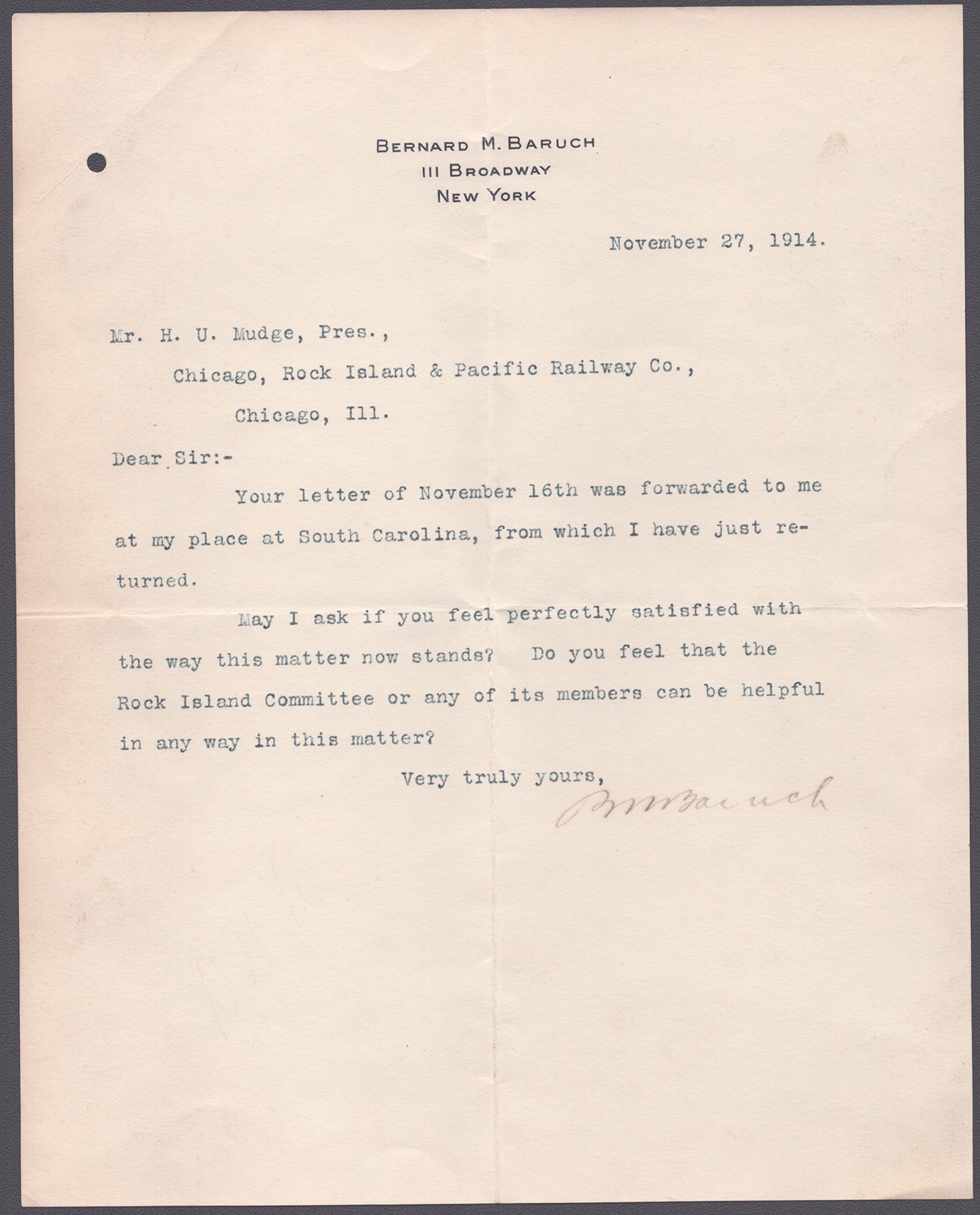 BERNARD M. BARUCH - TYPED LETTER SIGNED 11/27/1914