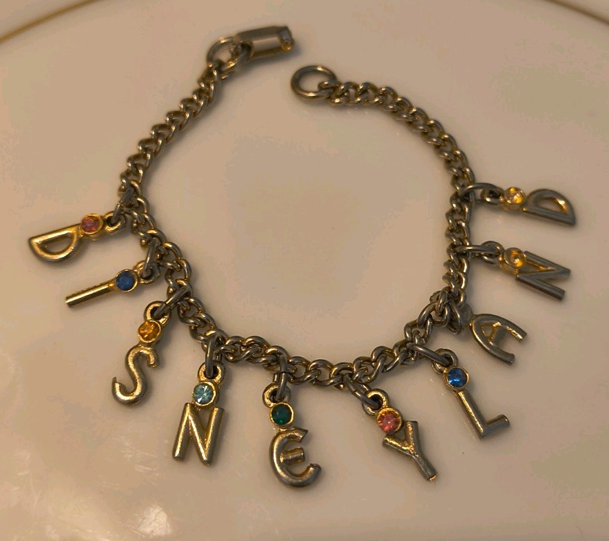 Vtg 50s Little Miss Disneyland Early Disney Charm Bracelet Rhinestone Gold Tone