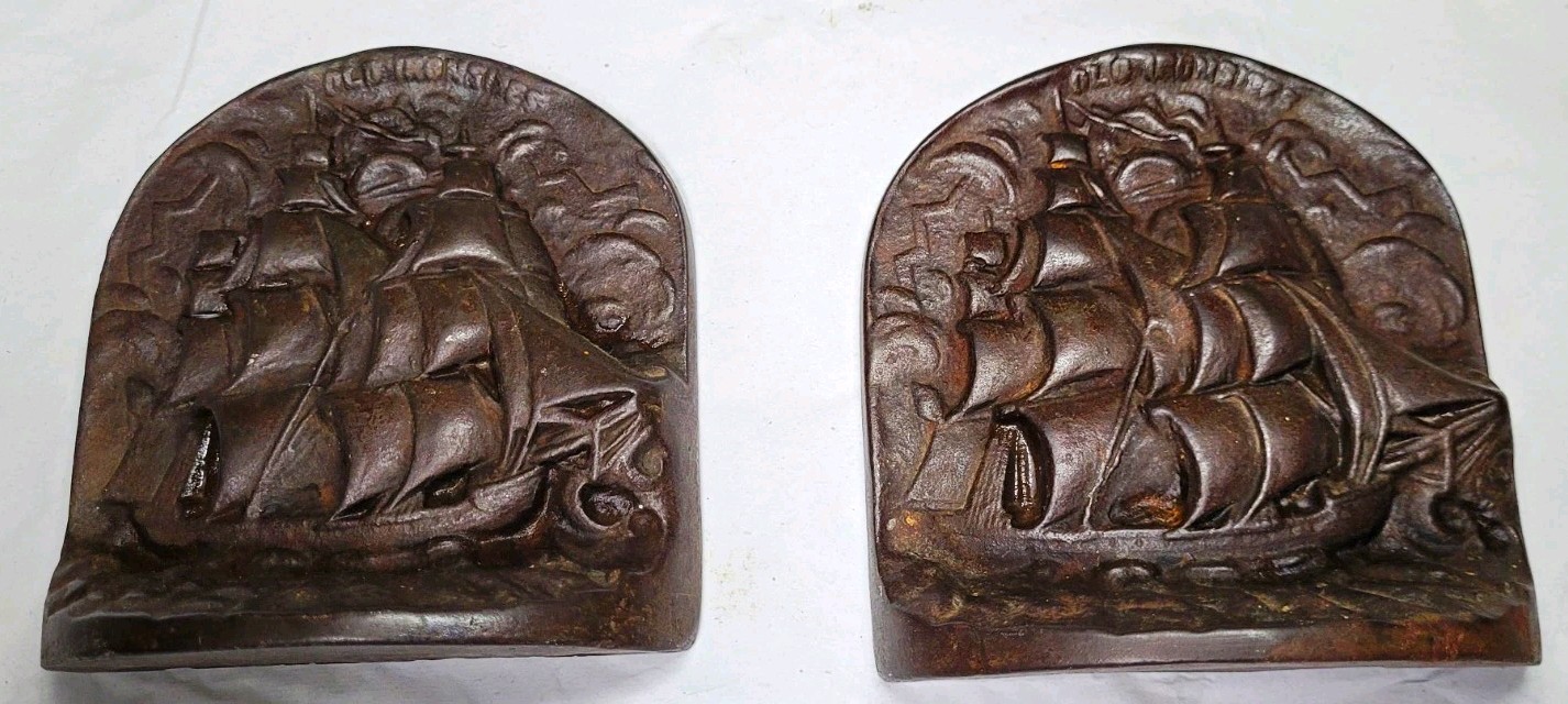 Old Ironsides Cast Iron Bookends c1925 USS Constitution 3D Effect Raised Design