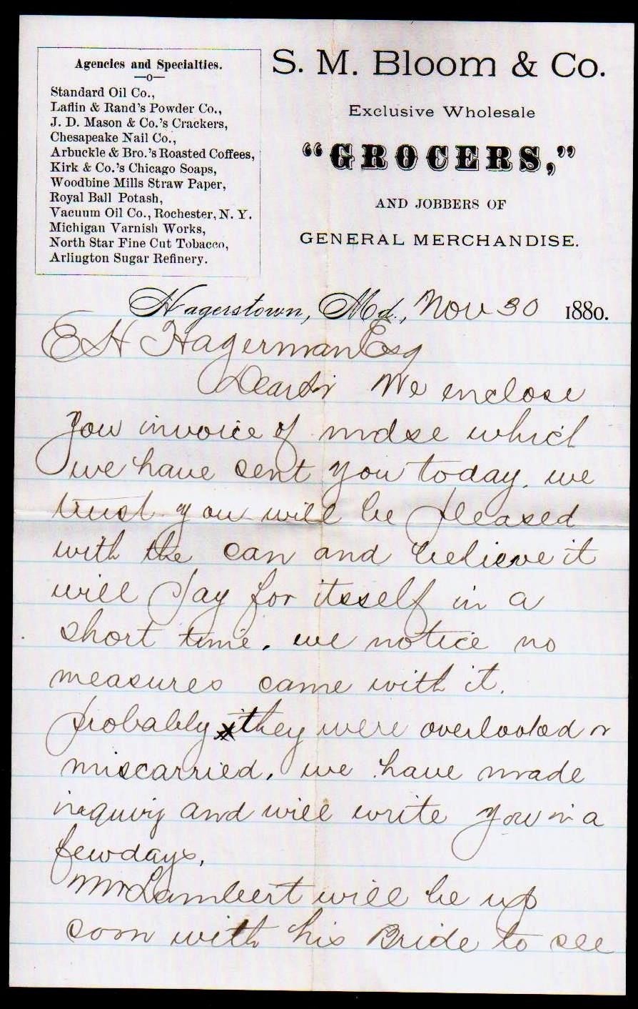 1880 Hagerstown Md - S M Bloom & Co - Grocers - EX Rare Letter Head Bill