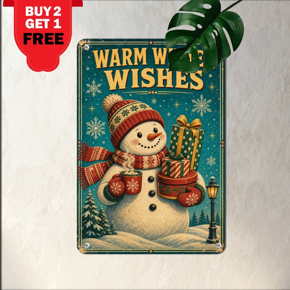 Antique Snowman Winter Snowy Country Painting Metal Sign Christmas Wall Decor