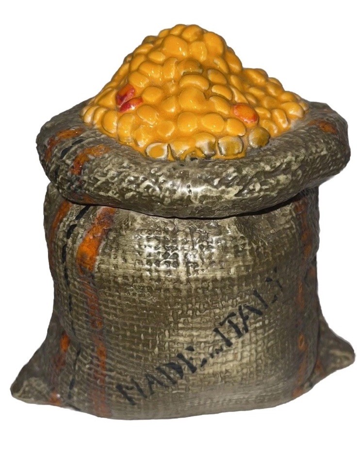 Adorable Vintage Italy Ceramic Burlap Sack Bag Of Beans Canister Jar