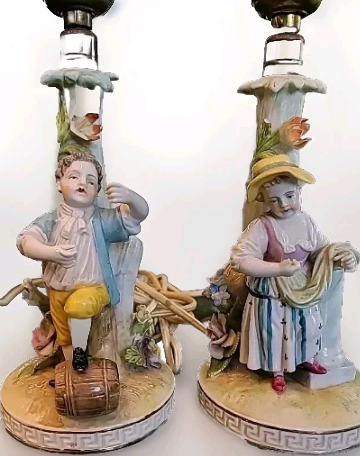 Lamps Dresden Figural Porcelain Antique Pair 2 Saxony Electric Marked 10 1/2