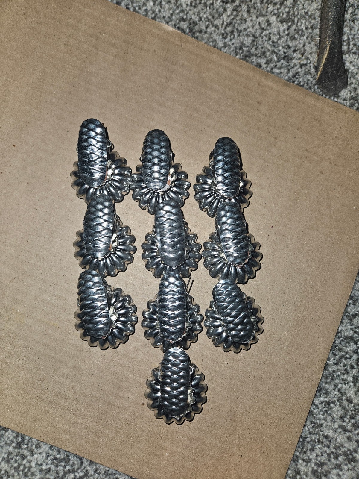 Vtg Silver Tin Christmas Tree Candle Holder Clips Pinecone Flower Set Of 10