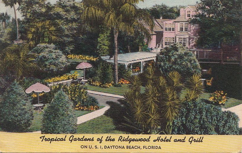  Postcard Tropical Gardens Ridgewood Hotel and Grill Daytona Beach FL 