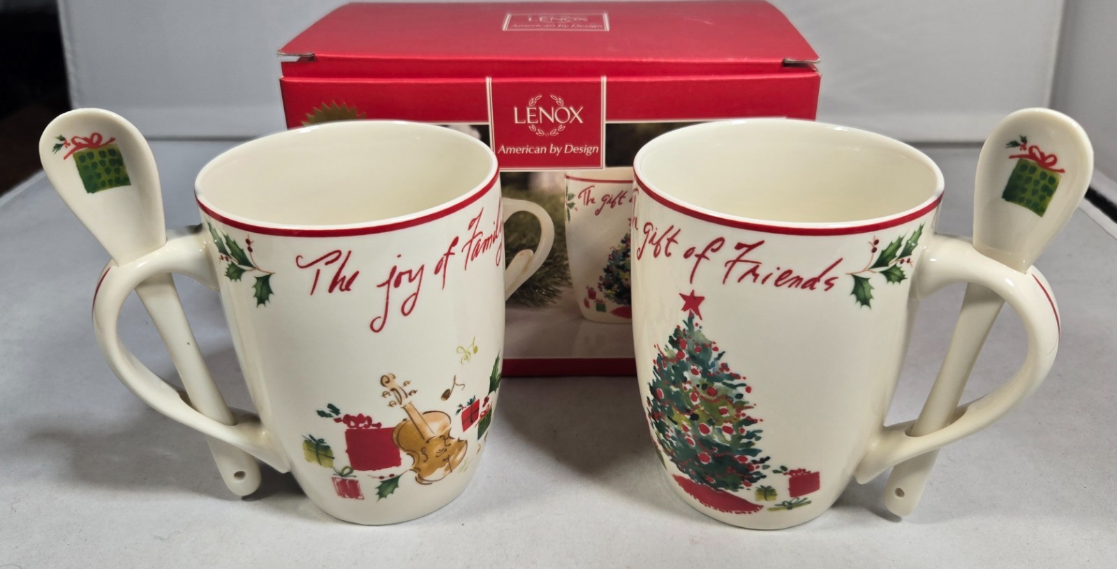 2  LENOX AMERICAN BY DESIGN COCOA MUGS w SPOONS NEW IN BOX THE GIFT OF FRIENDS