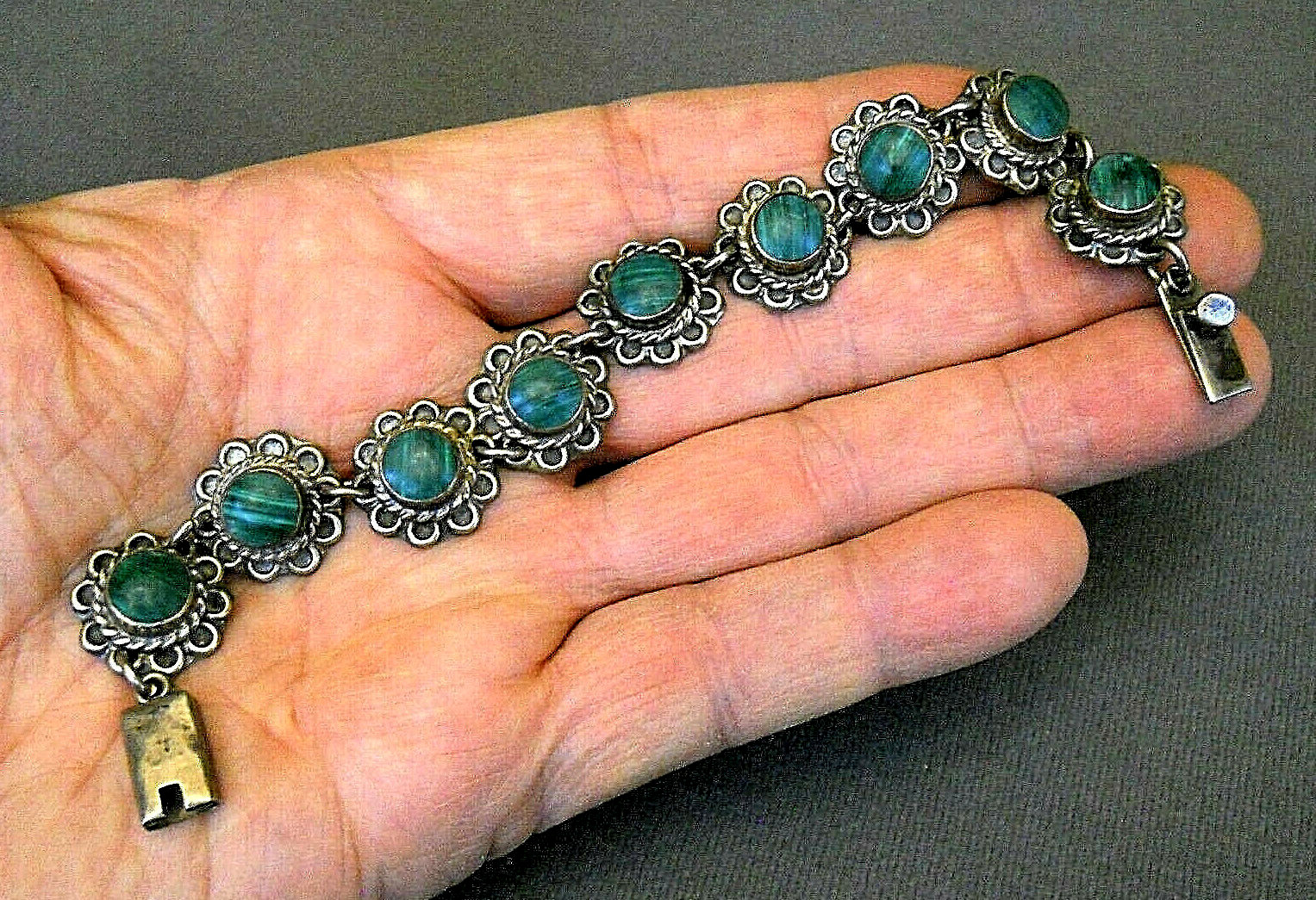 Vintage Southwestern Style Malachite Flowers Mexican Sterli Silver Link Bracelet