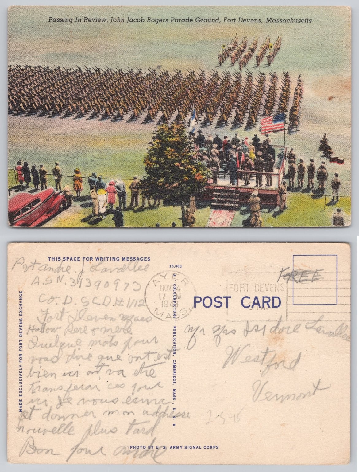 1943 Fort Devens MA Postcard Passing In Review John Jacob Rogers Parade Ground