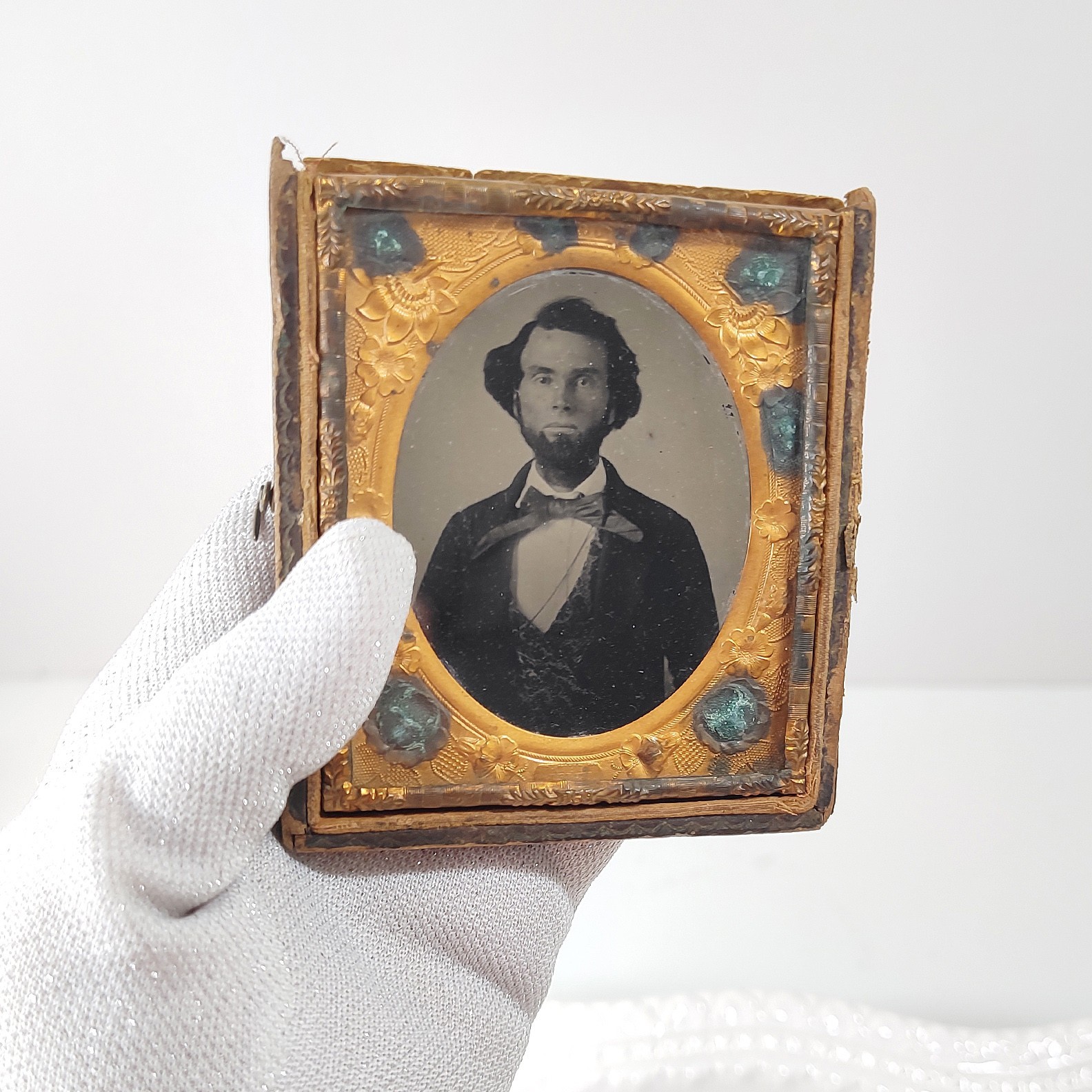 Antique Brass Cased Tintype Photo Man Beard Big Bowtie 1850s 1860s Civil War Era