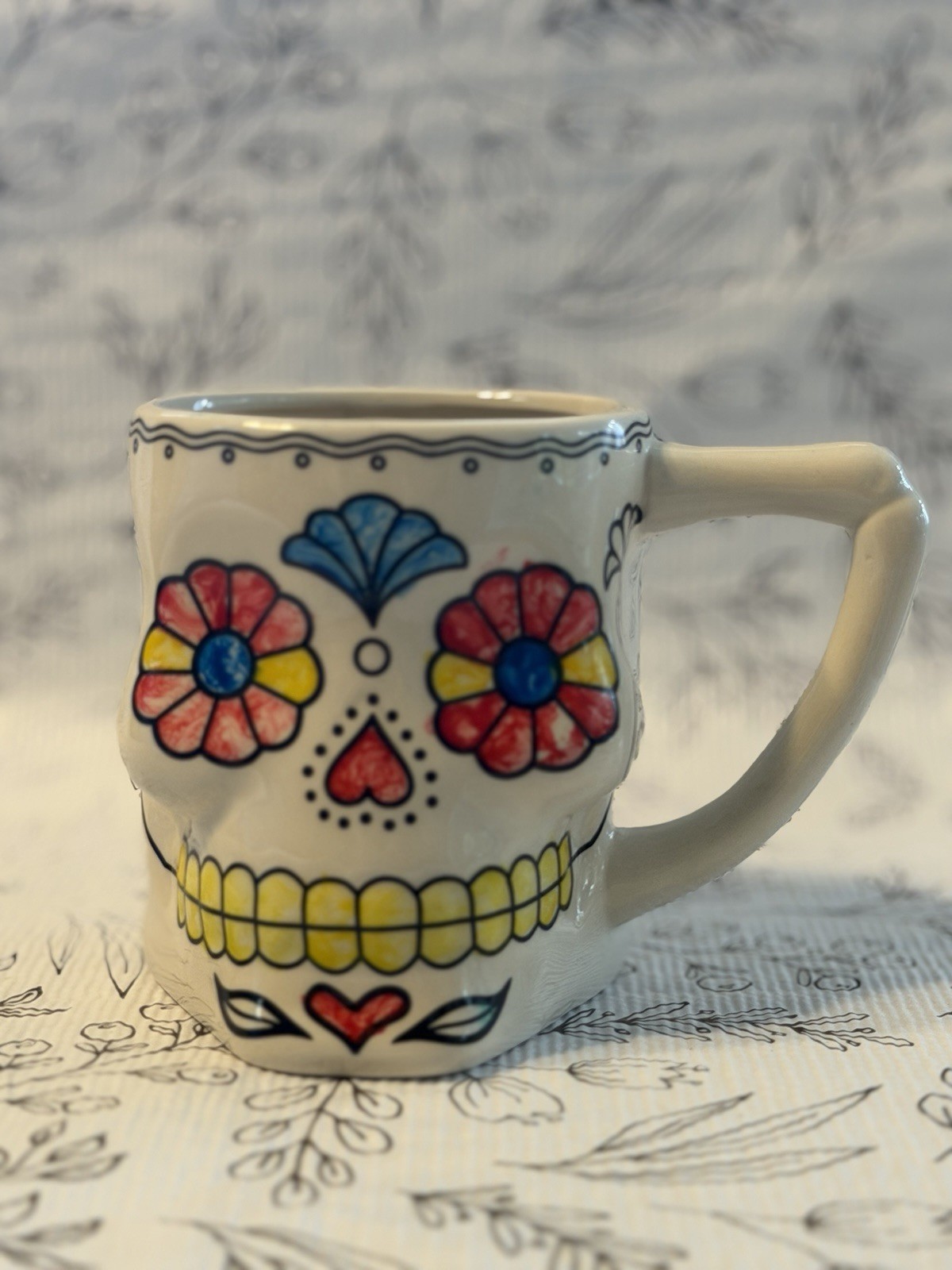 Dia de los Muertos Sugar Skull Ceramic Mug Flower Eyes Yellow Teeth Coffee Cup