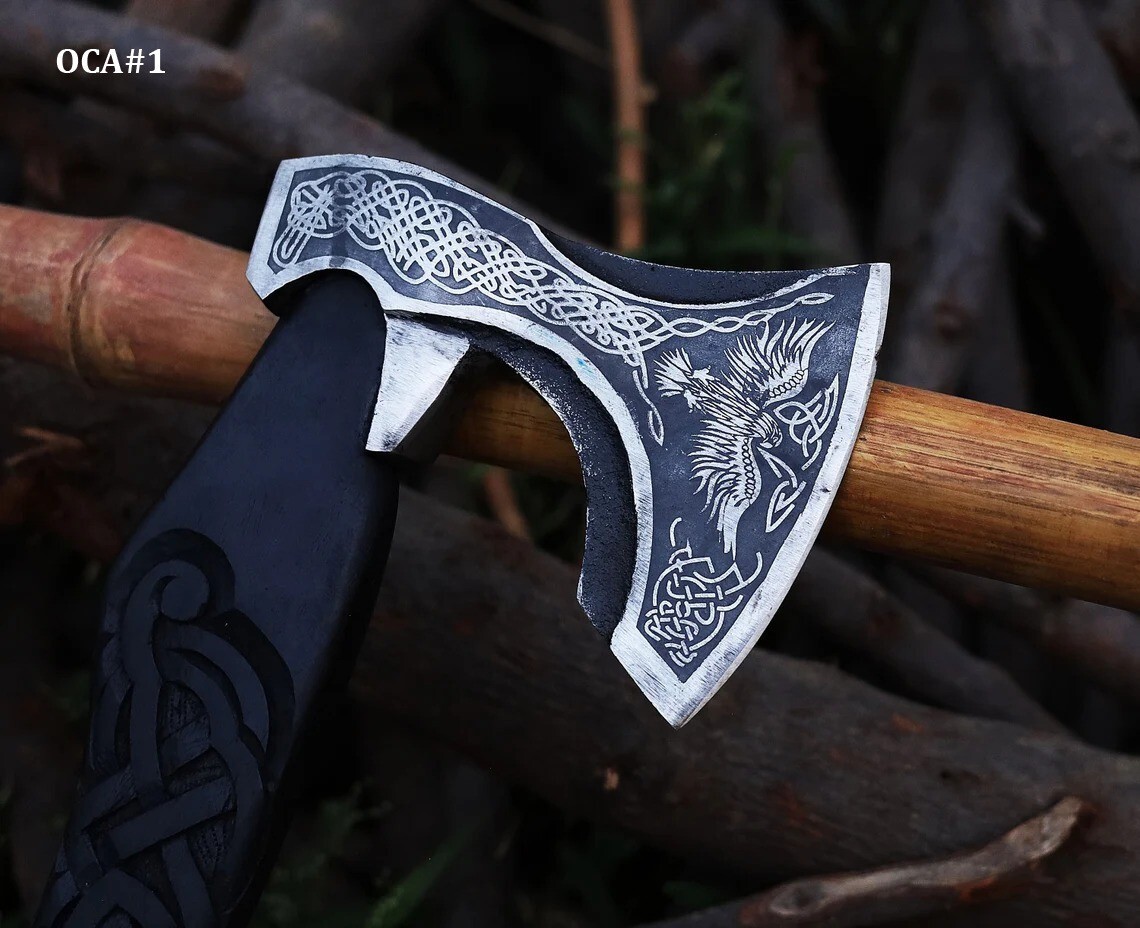  Handmade Viking Style Raven Axe, Hand Carved Odin Crow Viking Hatchet, Axe