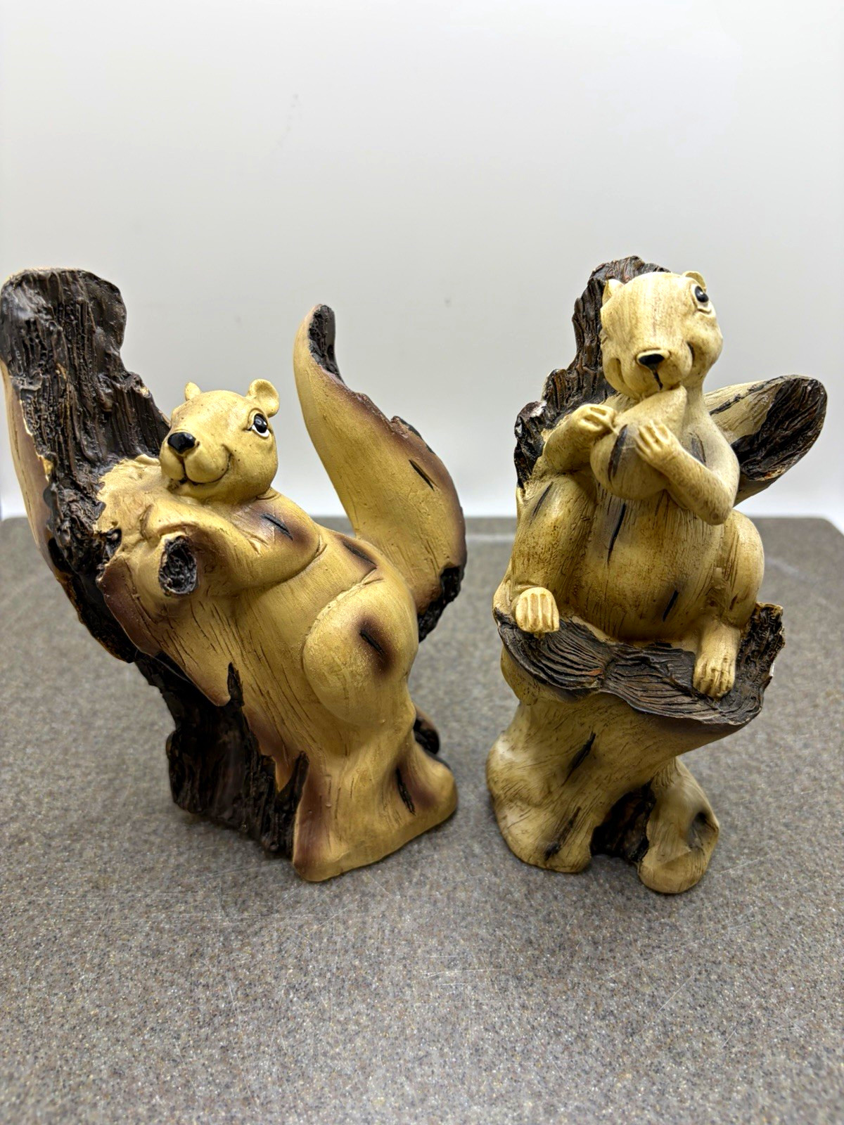 Set of 2 Squirrel Figurines on Tree Stump Log - Squirrel Animal Figurine Pair