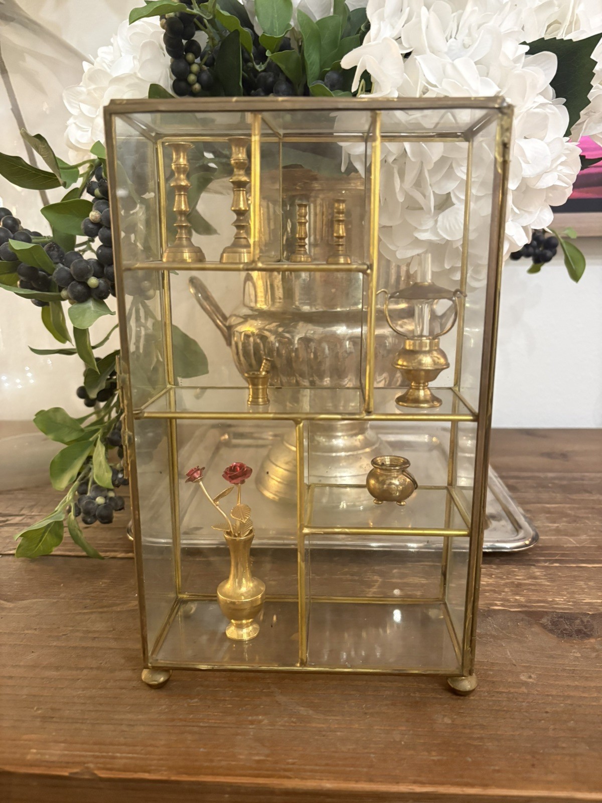 Vintage Glass Brass Footed Curio Display Cabinet Miniature and Brass Figures