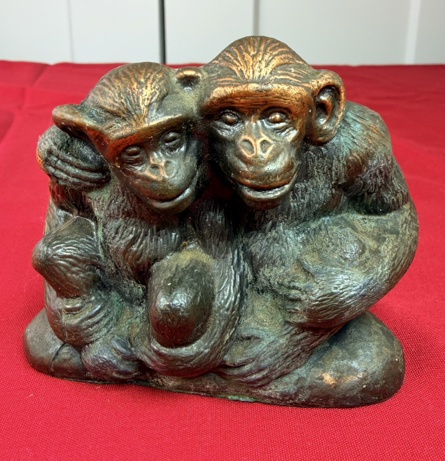 Vtg Henry Van Wolf Embracing Chimpanzees Figurine Almar Metal Arts AMA Bronze