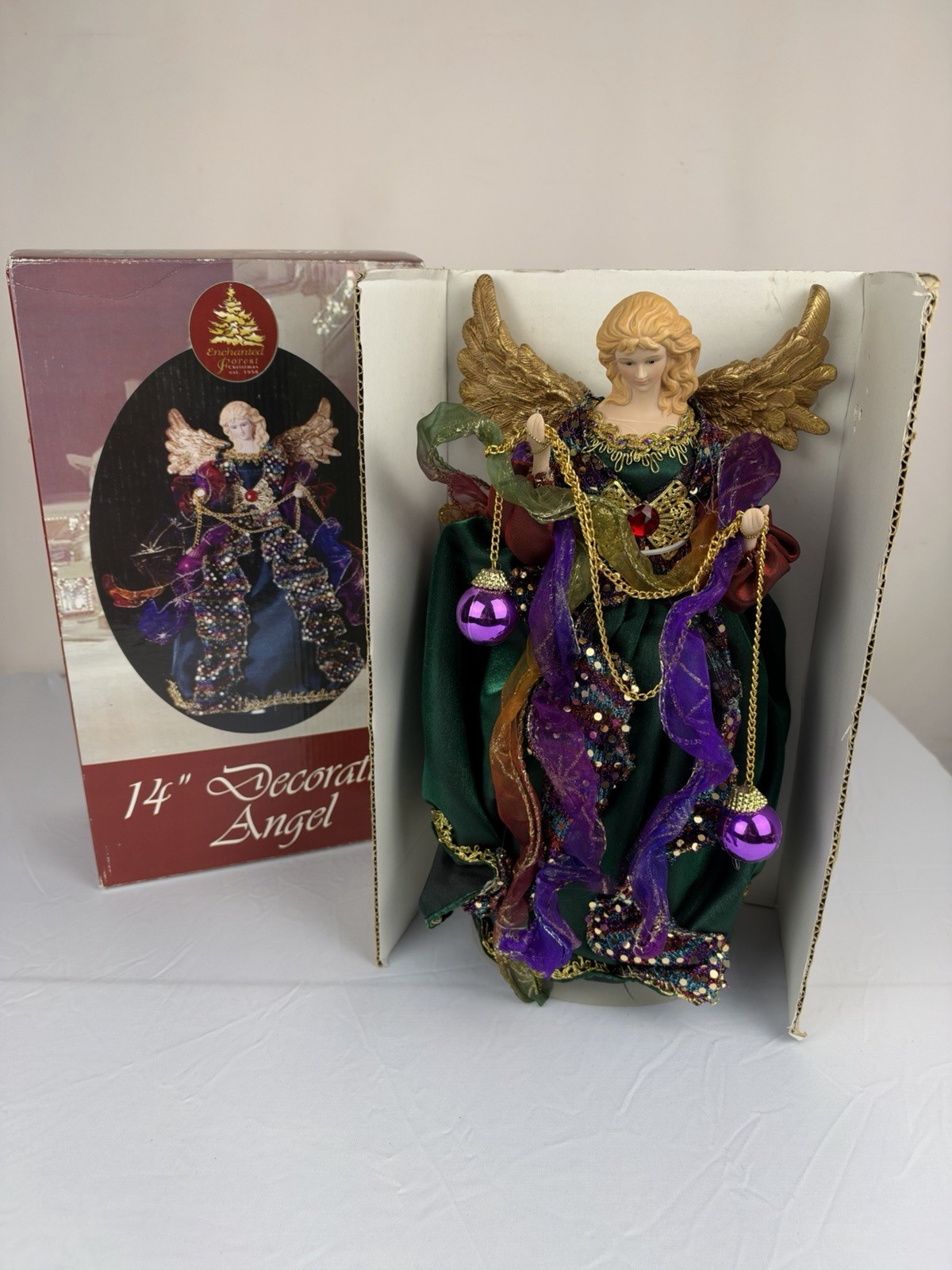 Enchanted Forest 14” Christmas Angel Tree Topper Purple Gold Sequins w/ Box