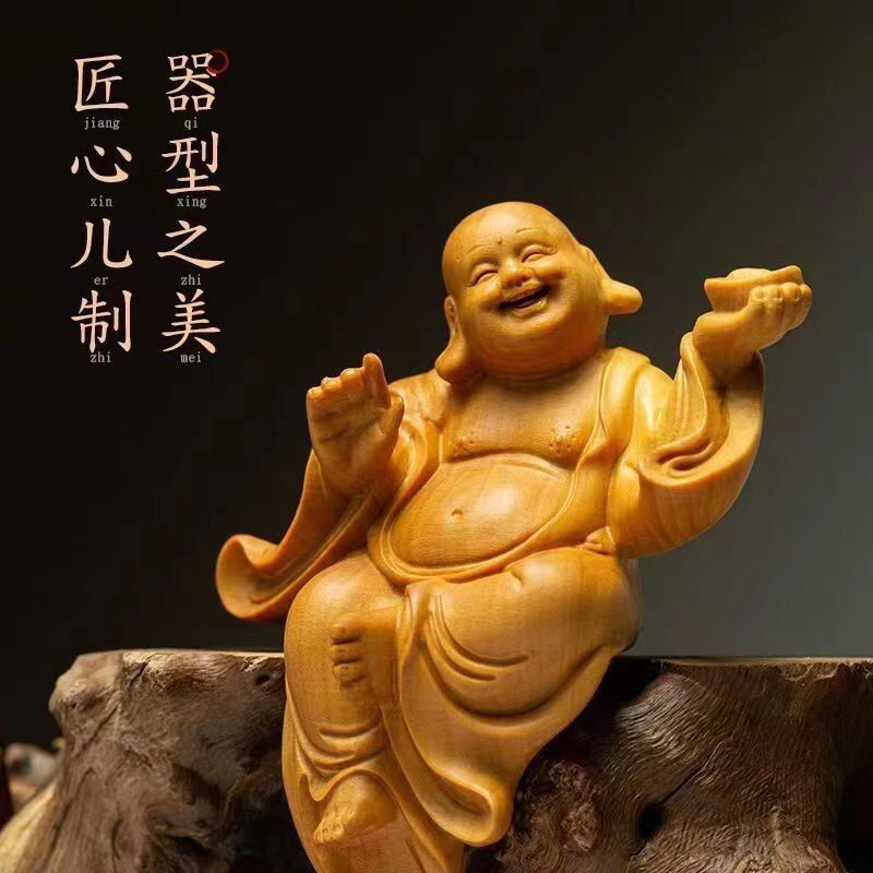 chinese arborvitae wood carving Maitreya Buddha 0301