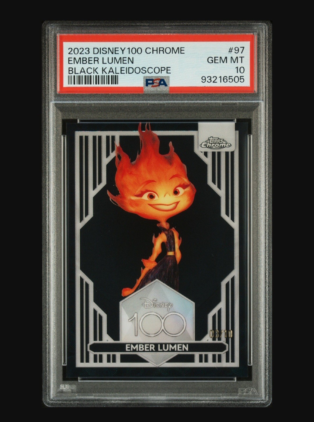 2023 Topps Disney Chrome 100 Ember Lumen #97 Black Kaleidoscope /10 PSA 10