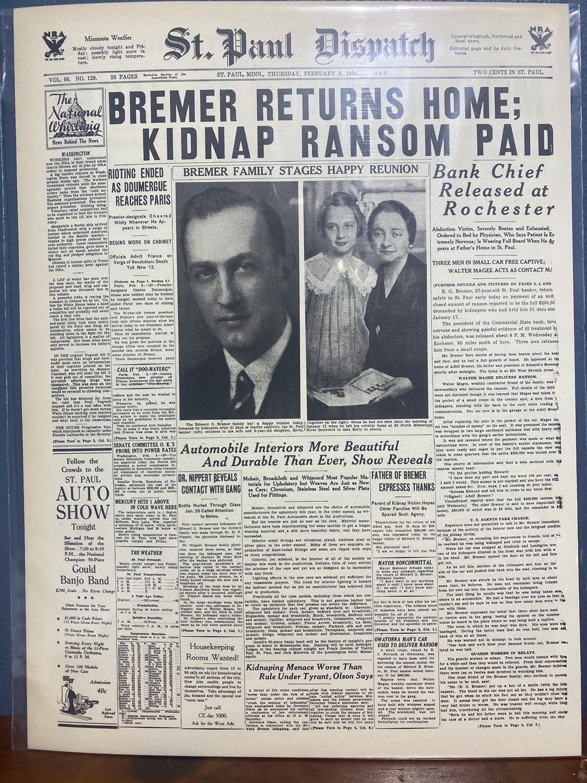 VINTAGE NEWSPAPER HEADLINE ALVIN KARPIS MA BARKER GANG RELEASE BREMER 1934 CRIME