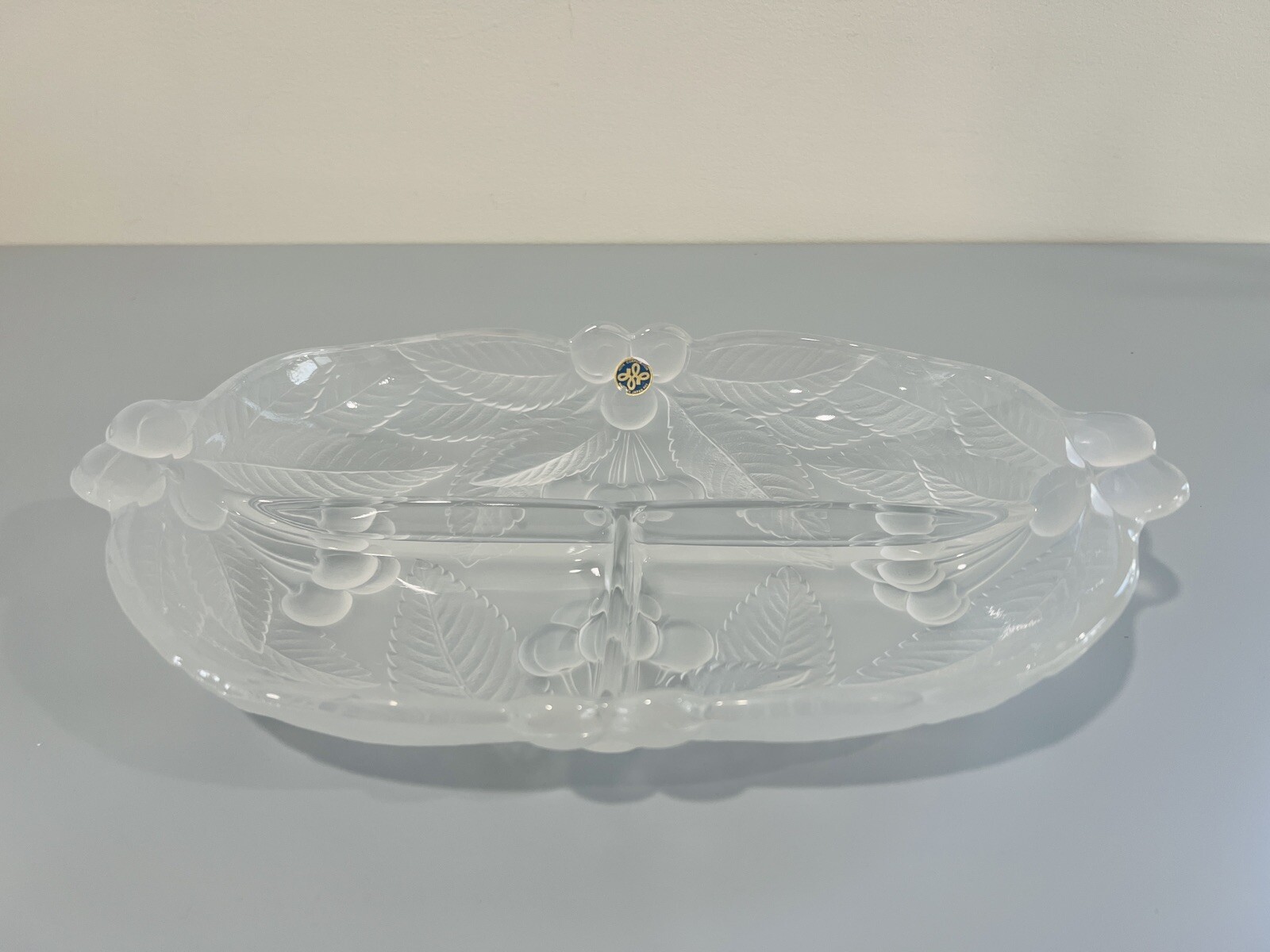Vintage HOYA CORPORATION Frosted Glass Divided Serving Dish Japan Cherries