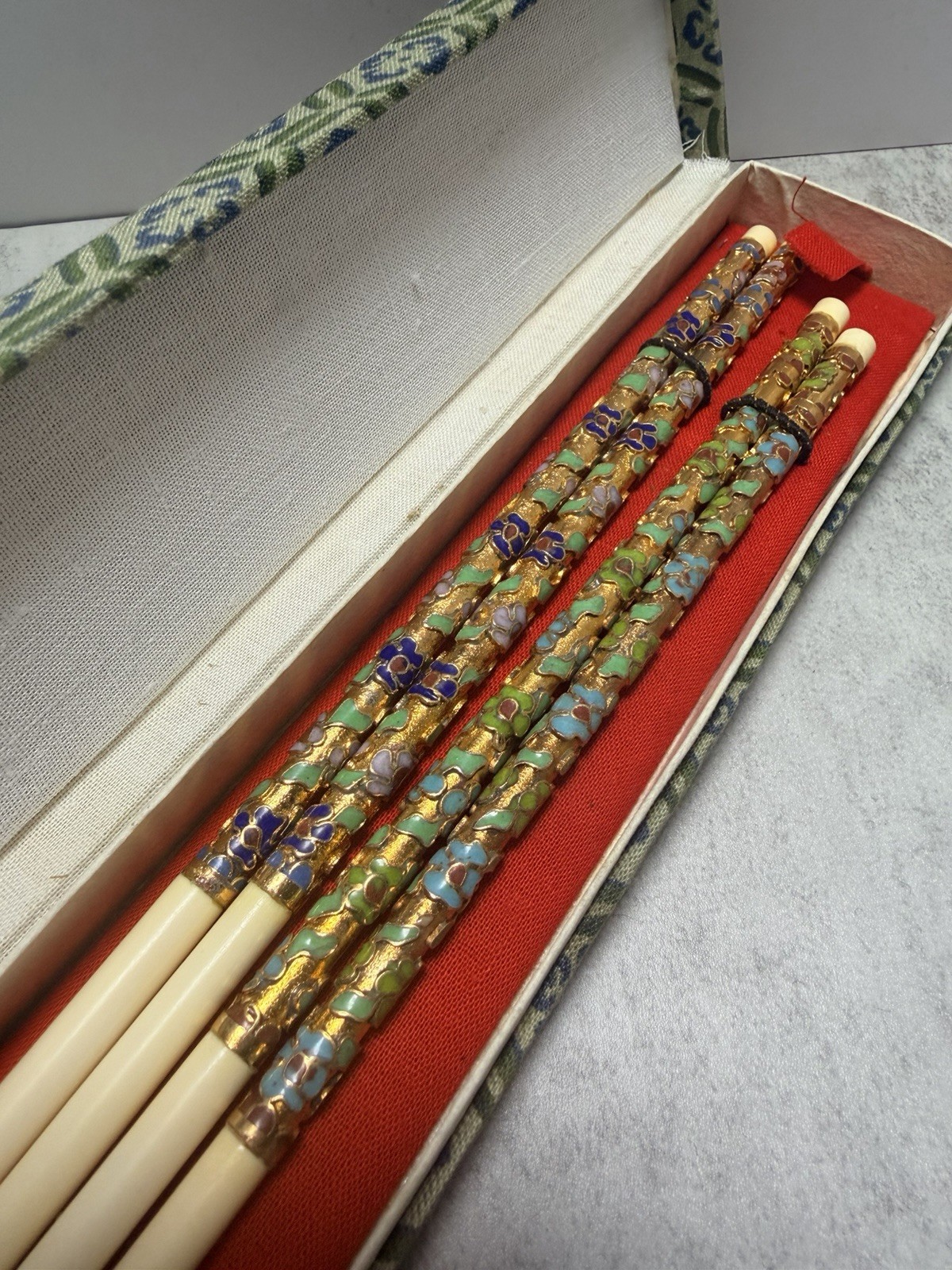 VTG New 2 Pair Chopsticks Cloisonné Bone (?) Gilt Enamel Floral Design 1960’s