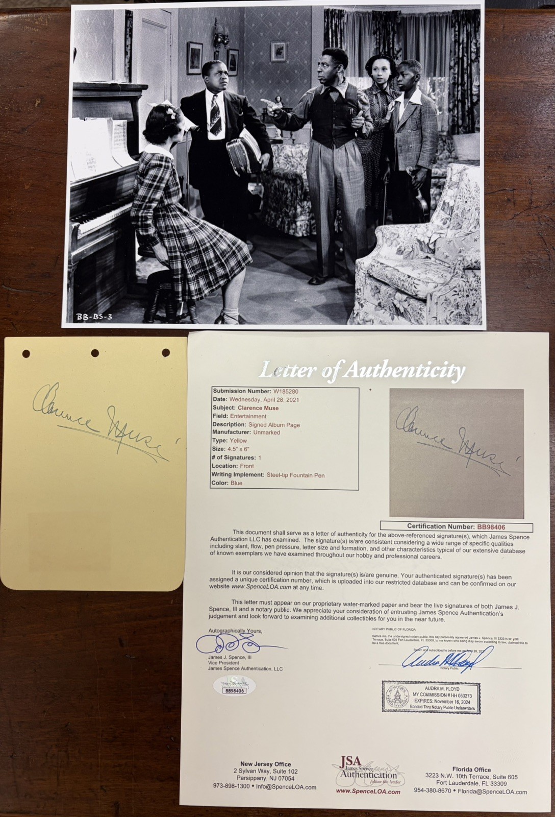 Clarence Muse Signed Autograph Album Page, JSA Letter of Authenticity w/ Photo