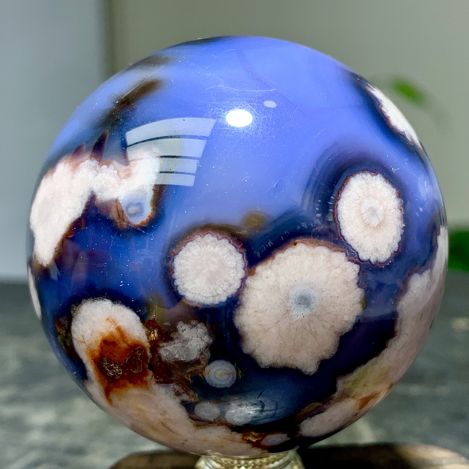 213G Natural blue cherry blossom agate Sphere Crystal Ball Healing
