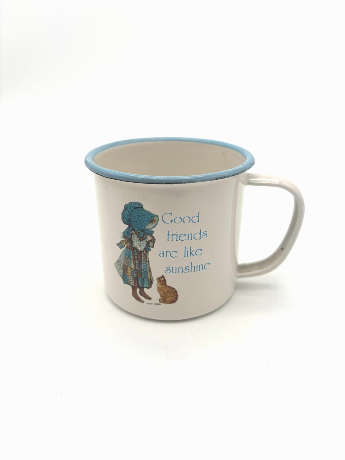 Vintage 1970s Holly Hobbie Enamel Metal Mug – “Good Friends Are Like Sunshine”