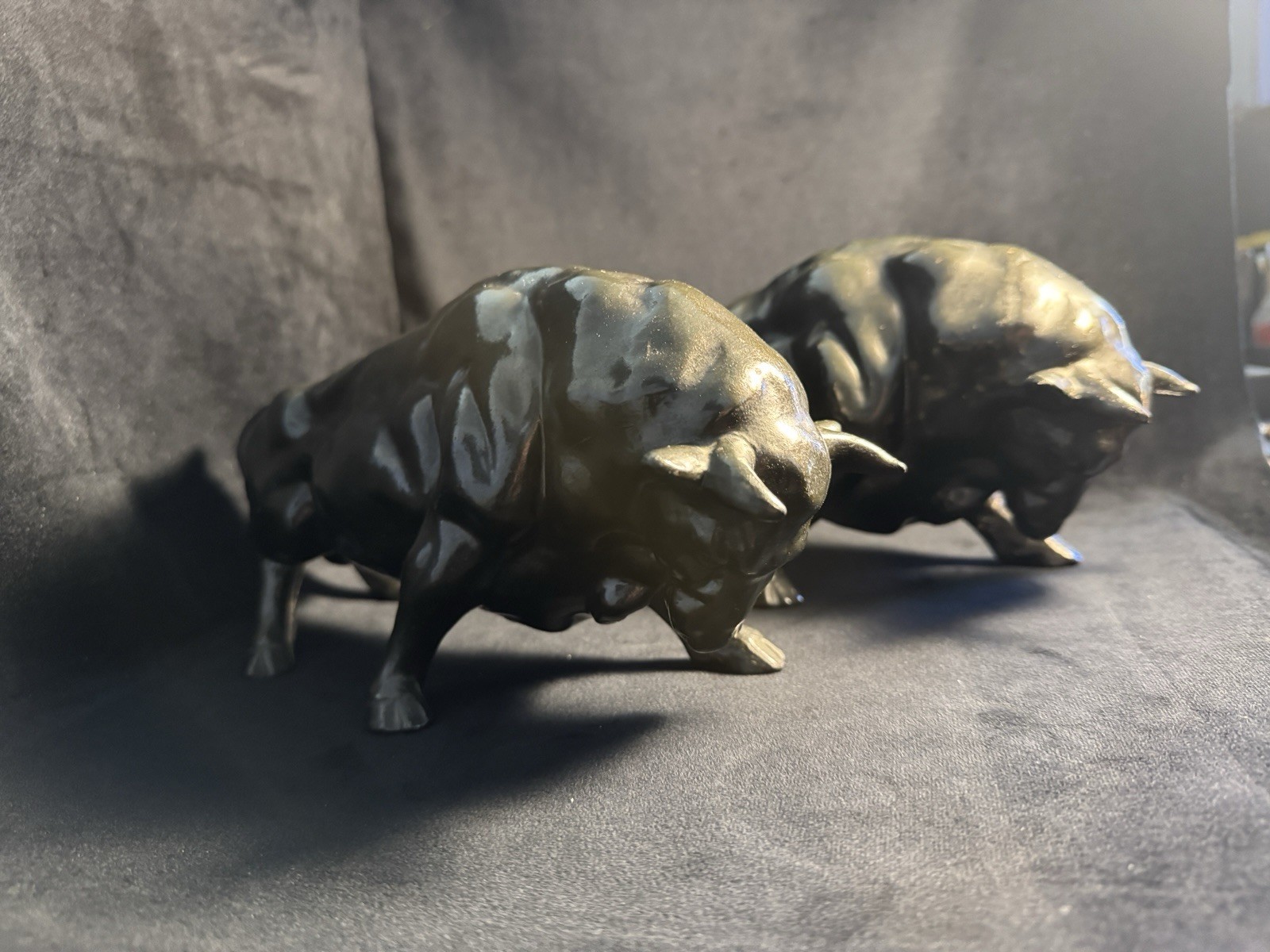 Two Vintage Ceramic Dark Glaze Bull Figurines 10”