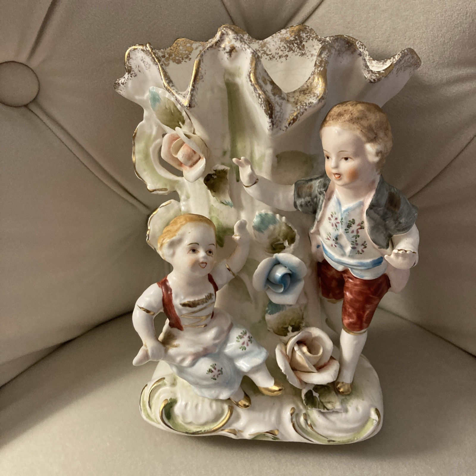 Antq.Victorian PORCELAIN VASE Children Playing Figurine Tilso Japan Intricate