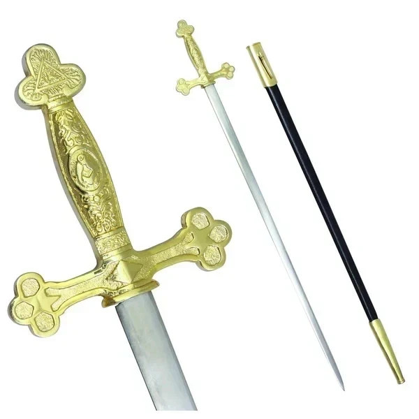 Fellowcraft Blue Lodge Masonic Sword Square Compass Gold Hilt with Case