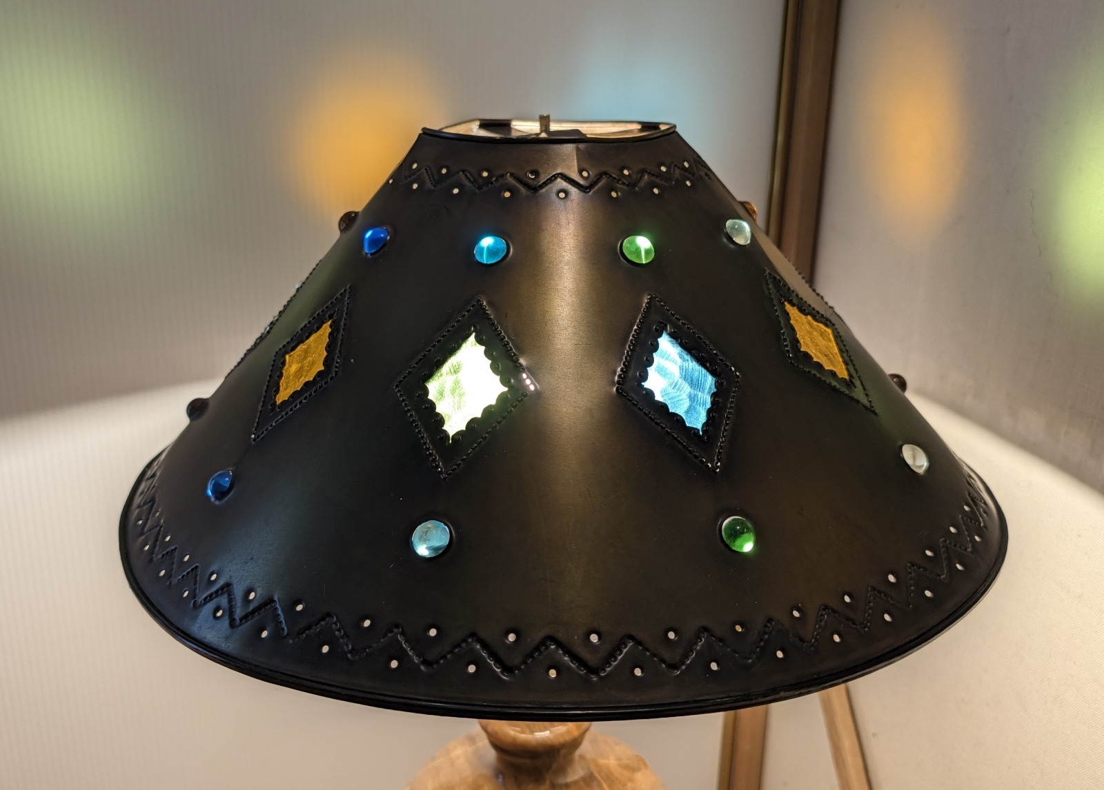 Vintage Mexican Punched Tin Metal Lamp Shade Jeweled Slag Stained Glass Rustic