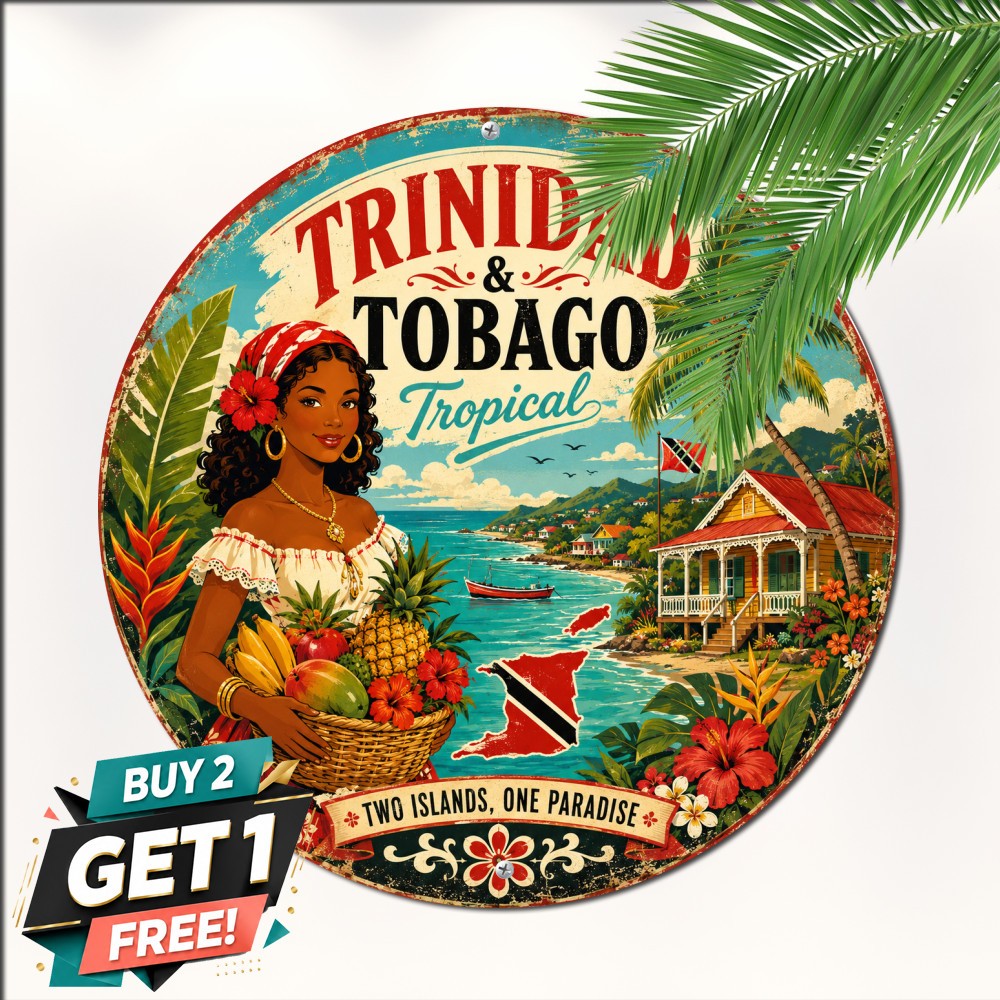 Trinidad And Tobago Tropical Palm Tree Round Metal Sign Caribbean Travel Tin Art