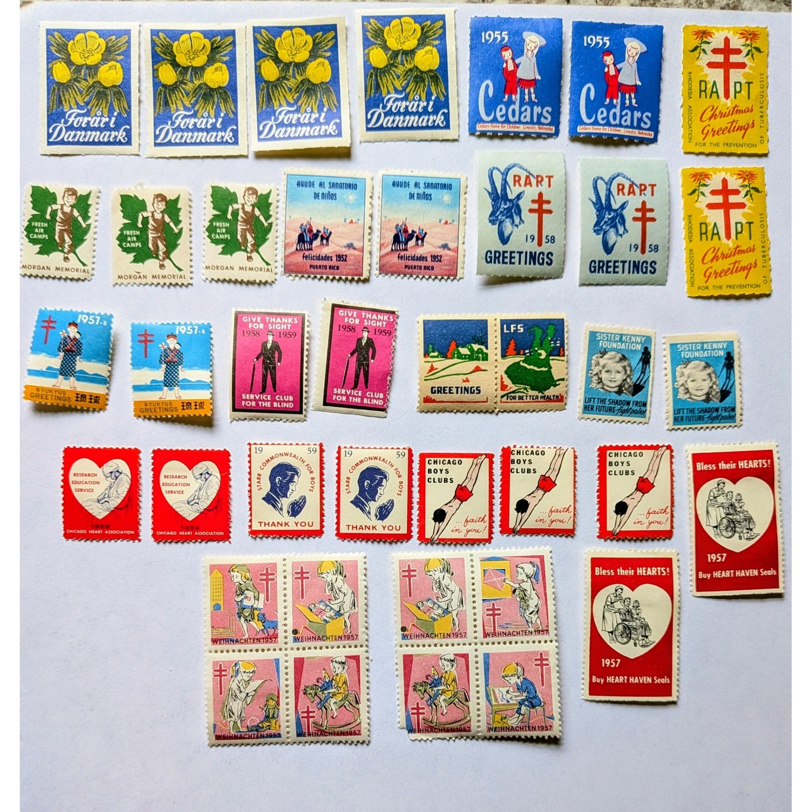 38 Vintage Charity Seals Stamps Mid Century Ephemera Lot 1952-1959 junk journal